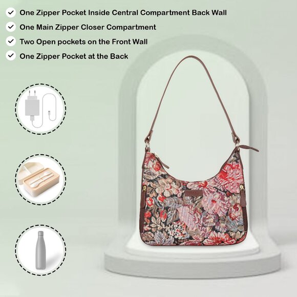 Floral Pattern Tapestry Fabric Hobo Bag For Women | Shoulder Sling Bag - Picture 4 of 9